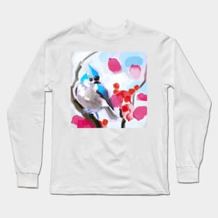 Tufted titmouse in the red berries bush Long Sleeve T-Shirt